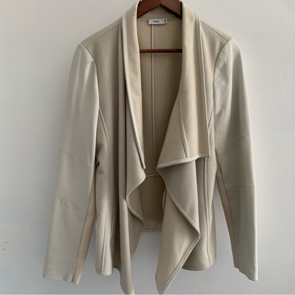 VINCE Cream Leather Trim Wool Drape Blazer Jacket Size Large